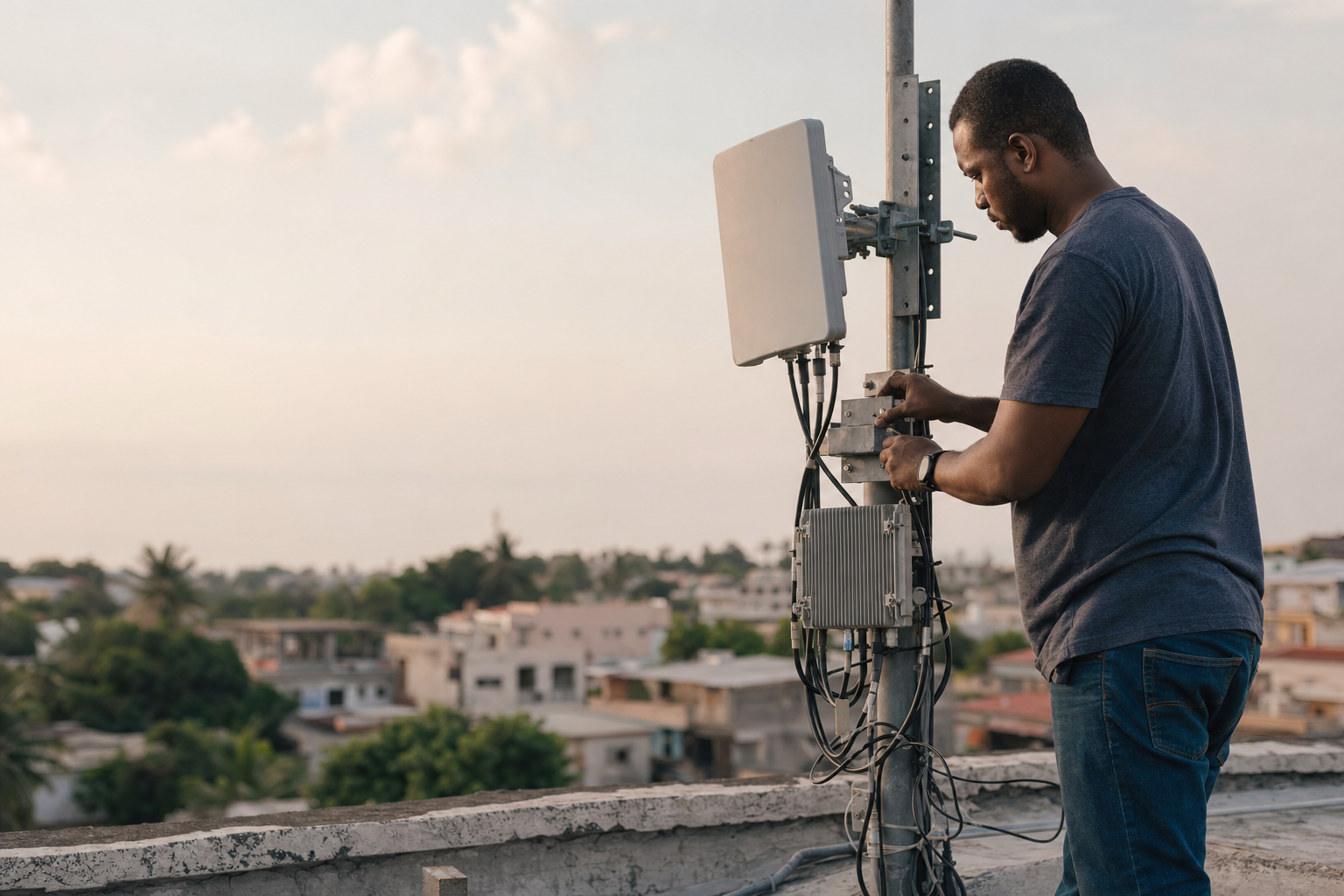 A network operator working beside outdoor telecom equipment on an urban rooftop